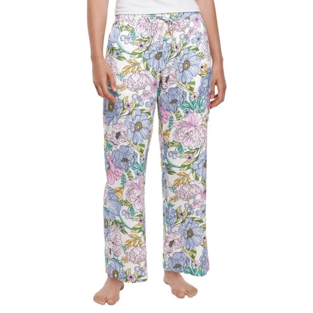 Gap Womens Floral Pajama Pants Small Blue Pink Cotton Drawstring Sleep Bottoms